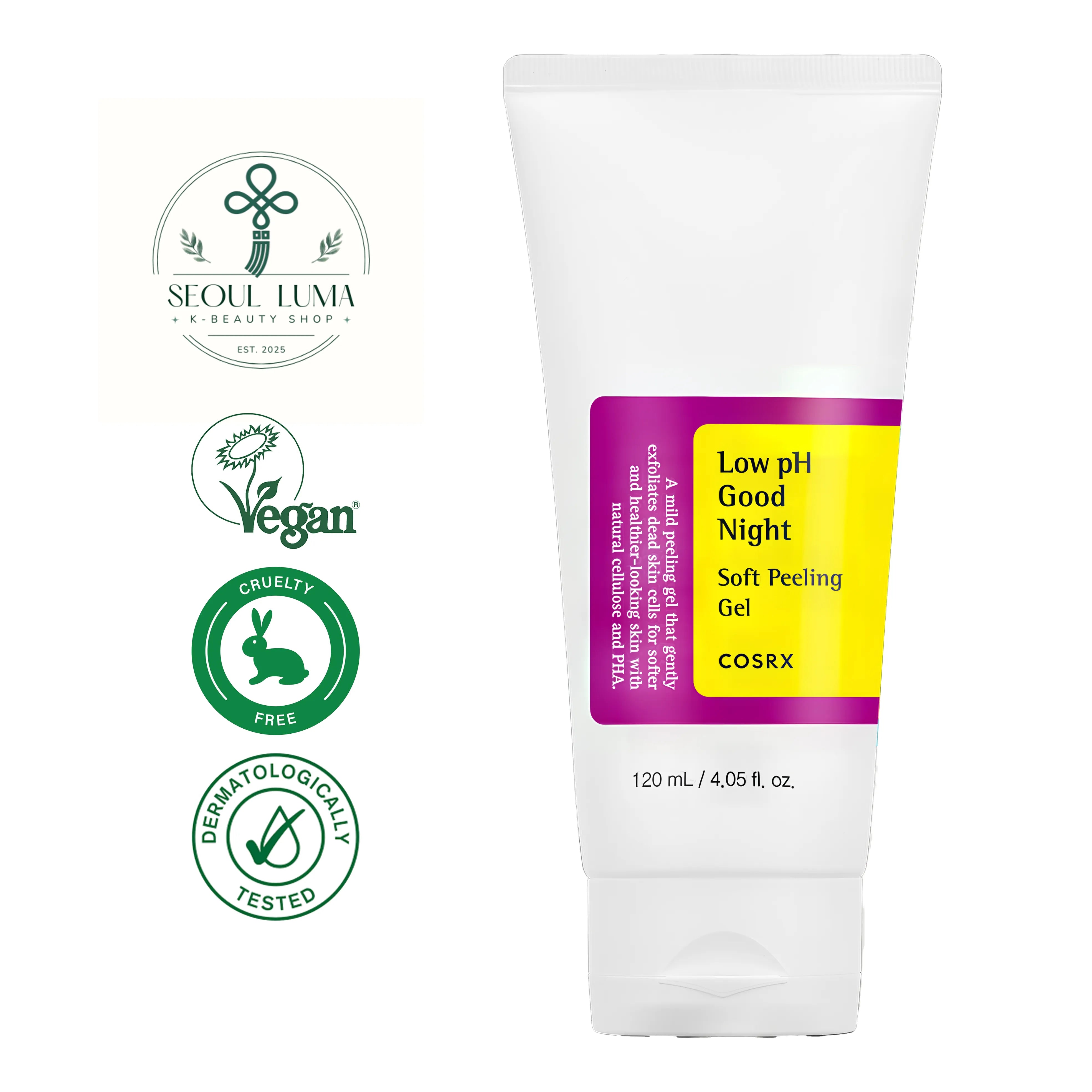 COSRX Low pH Good Night Soft Peeling Gel 120ml - Gentle low pH peeling gel with cellulose and PHA for hydrating exfoliation on sensitive skin